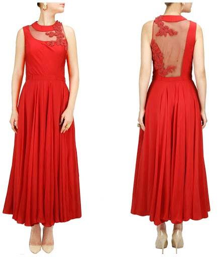 Flawless Red Raw Silk Anarkali Suit, Size : Free