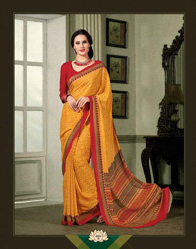 Glided Mustard French Crepe Saree, Age Group : Adult