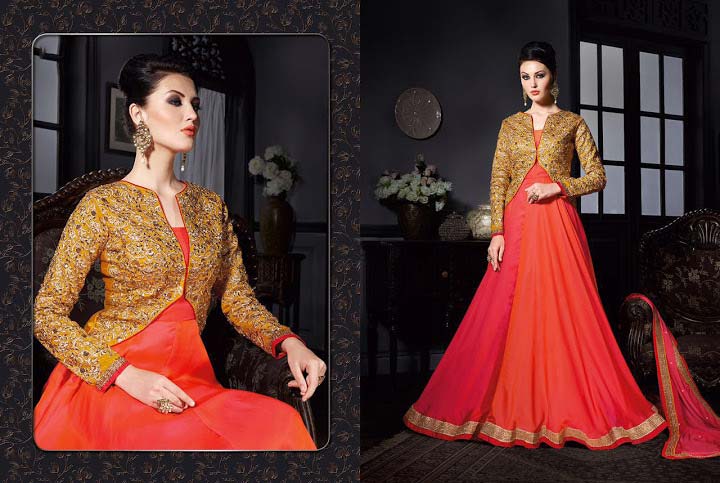 Glossy Red Art Silk Anarkali Suit, Size : Free