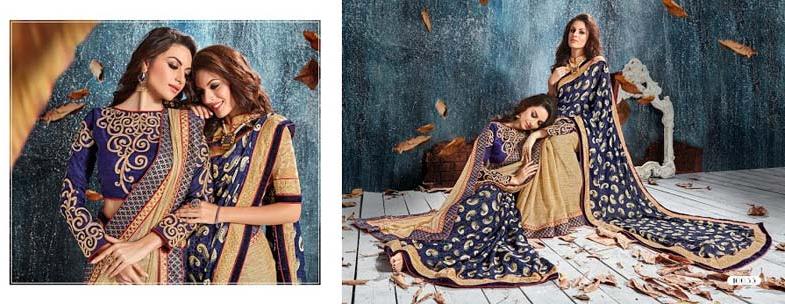 Navy Blue Brasso Net With Double Blouse Designer Saree