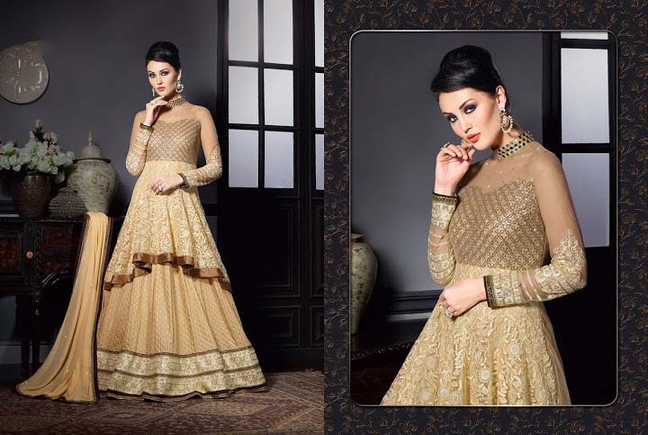 Snazzy Cream Dhupion Georgette Style Anarkali Suit