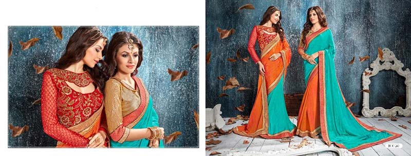 Turquoise Crushed Silk With Double Blouse Designer Saree