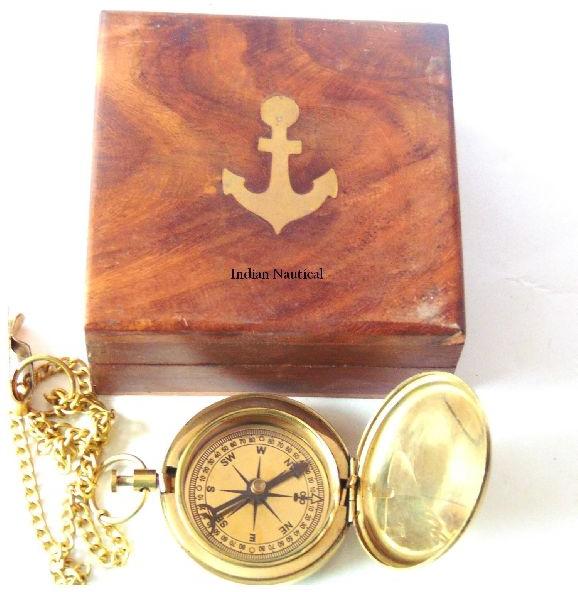 Antique Brass Solid Beautiful Pocket Compass With - Wooden Box