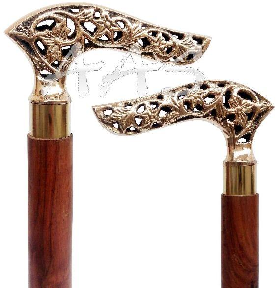 Engraved Brass Handle Victorian Wooden Walking Stick