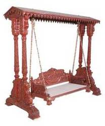 Dual Pillar Wooden Carved Swing with Roof Top