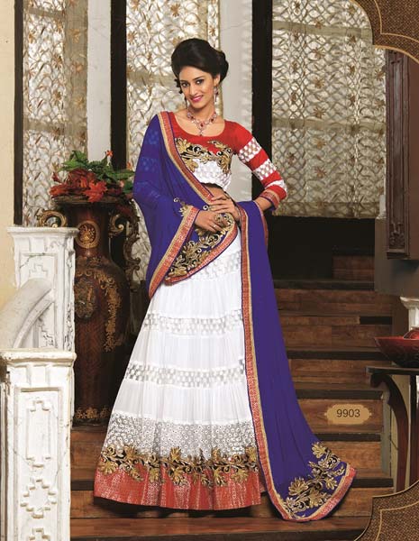 White Embroidered Chiffon Semi Stitched Designer Lehenga Choli with Blouse