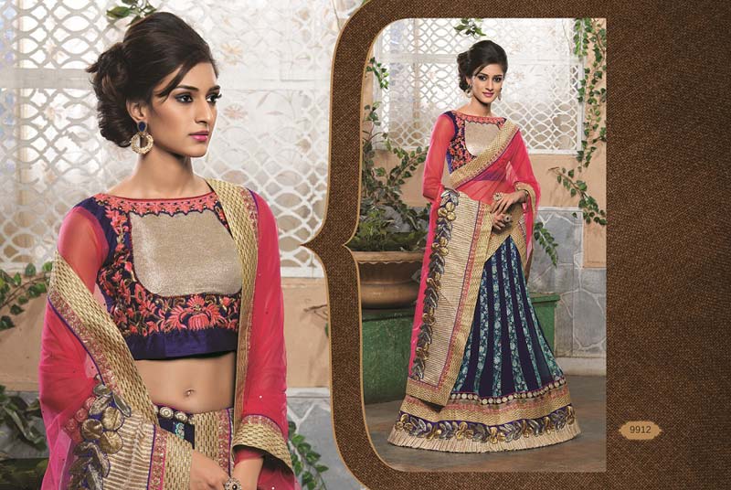 Navy Blue Heavy Embroidered and handworked Viscose Semi Stitched Designer Lehenga Choli With Blouse