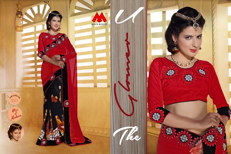Red and Black Printed Saree