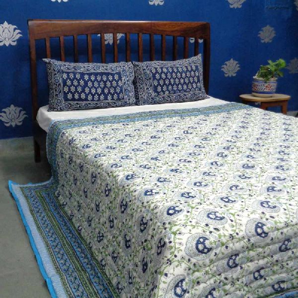 PAN LEAF BLUE 0581 handmade Block Printed Cotton Quilt Double Bed