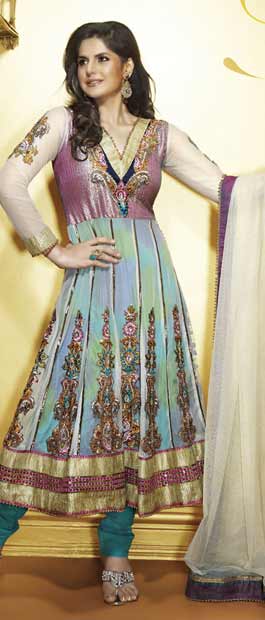 Cream Net Churidar Kameez with Dupatta