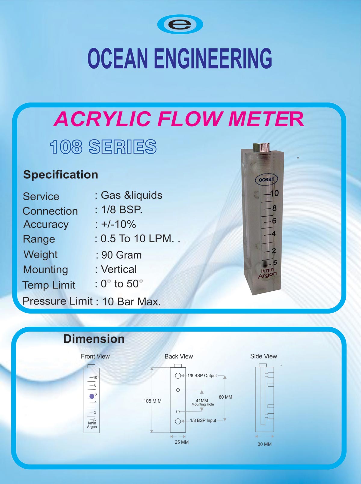 Argon Gas Flow Meter, Acrylic Panel Gas Rotameter Flow Meter for Argon