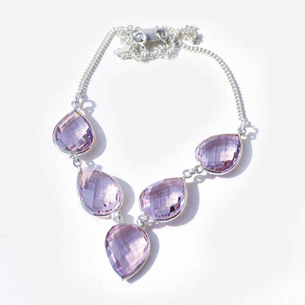 Pink Amethyst Cut Gemstone 925 Sterling Silve Necklace