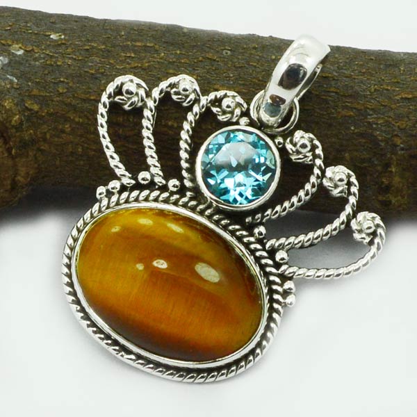 Tiger Eye Blue Topaz Gem Stone 925 Sterling Silver Pendant