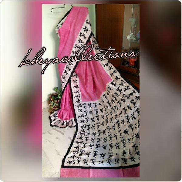 Block print on pink bishnupur silk sari