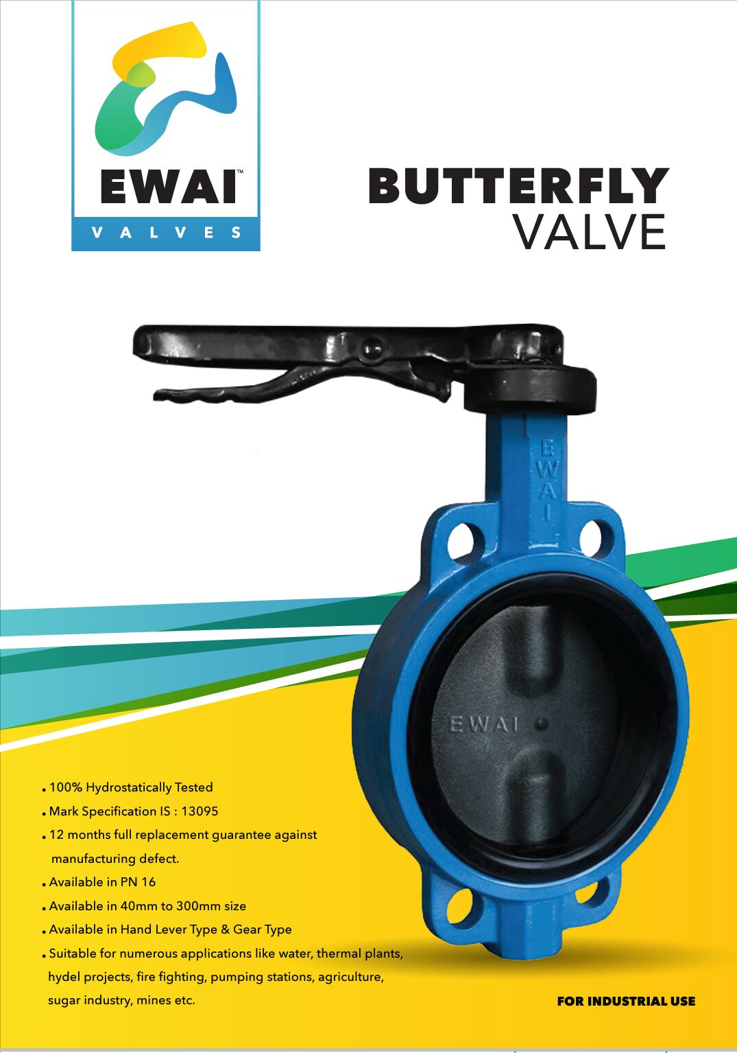 EWAI 16 Kg/m2 Cast Iron Body SG Iron Disc Butterfly Valves, for Water Application, Port Size : 50mm