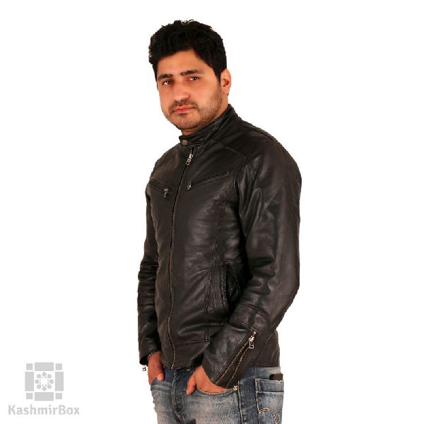 Black Zipper Mens Leather Jacket, Size : Custom