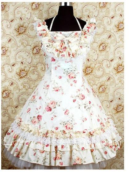Beige Cotton Square-collar Halter Straps sweet Lolita dress