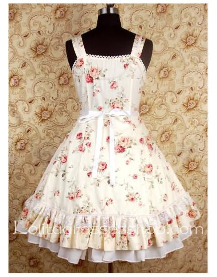 Beige Square-collar floral print Bow Waist sweet Lolita dress