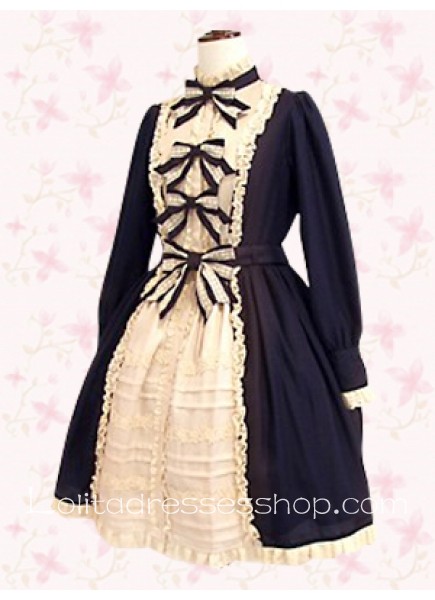 Black And White Stand Collar Long Sleeve Empire Punk Lolita Dress