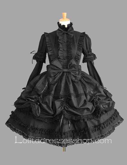 Black Cotton Stand Collar Long Sleeves Knee-length Bow Splicing Dress
