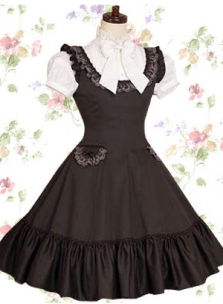 Classic Cotton Stand Callor Short Sleeves Knee-length Bow Lolita Dress