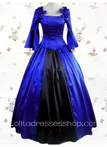 Deep Blue Satin Square Long Sleeves Empire Classic Lolita Dress