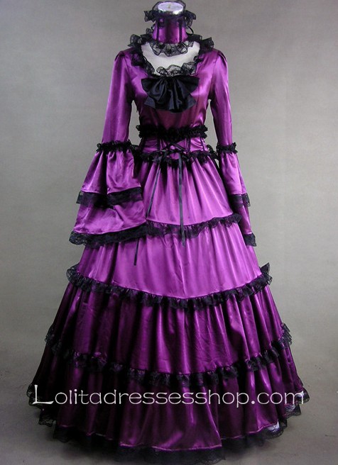 Elegant Purple Satin Black Lace Decoration Lolita Dress