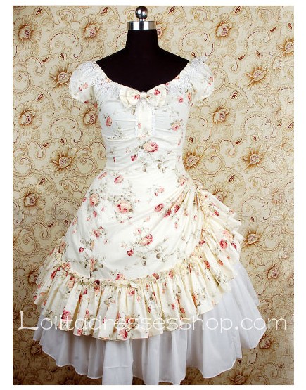 Knee-length Beige Cotton Scoop Neckline country Lolita dress