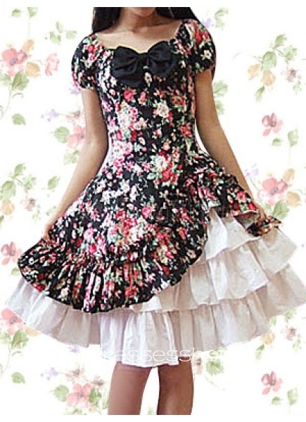 Knee-length Cotton Square Short Sleeves Natural Country Lolita Dress