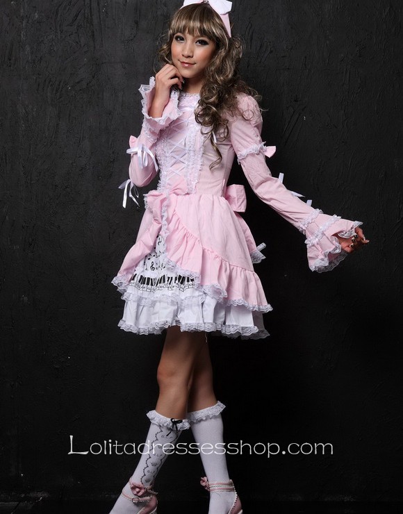Knee-Length Pink Black High Neckline Cotton Gothic Lolita Dress