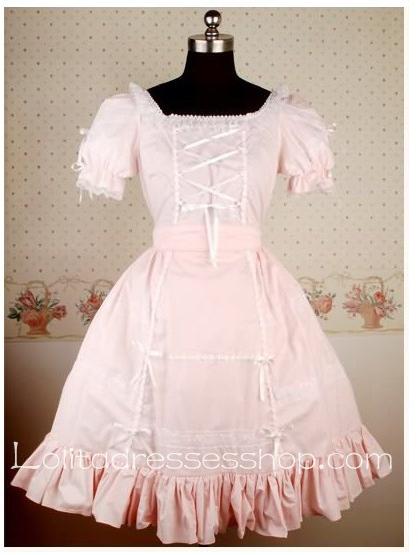 Knee-length Pink Square Neckline Cotton rincess Lolita dress