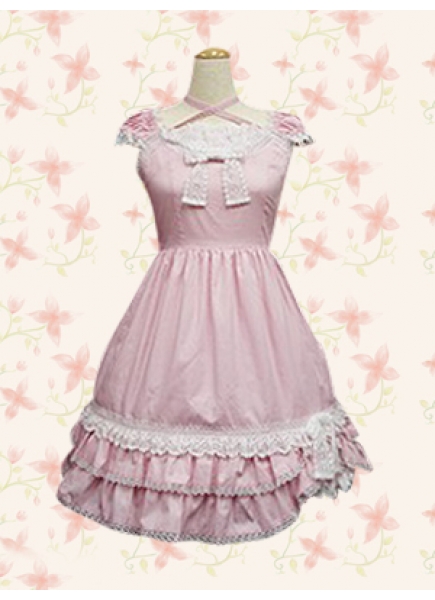 Lace Bow Ruffles Sleeveless Straps Cotton Lolita Dress