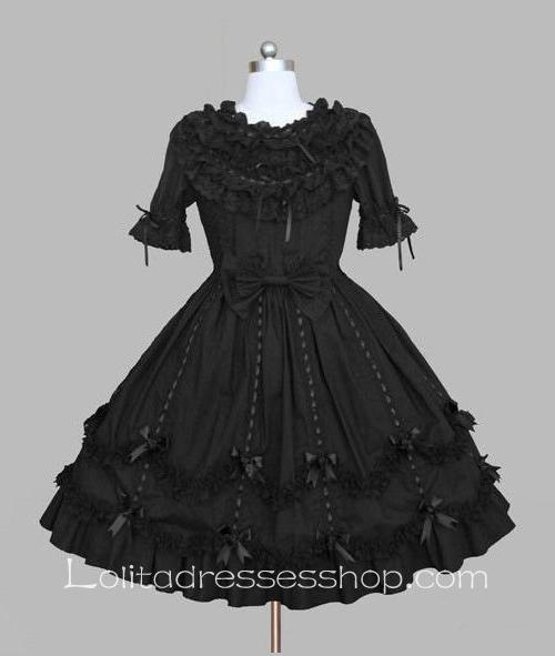 Lolita Plain Black Cotton Doll Collar Ruffles Bow Short Sleeves Sweet