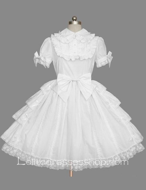 Lolita Plain White Cotton Lapel Ruffles Bow Short Sleeves dress