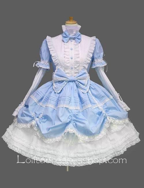 Lolita Sky Blue Cotton Stand Collar Long Sleeves Bow Splicing Dress