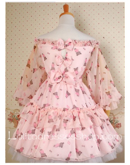 Pink Chiffon Shoulder-Off Bear Print Wa Style Lolita Dress