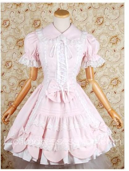Pink Cotton Turndown Collar Short Sleeve Lolita dress