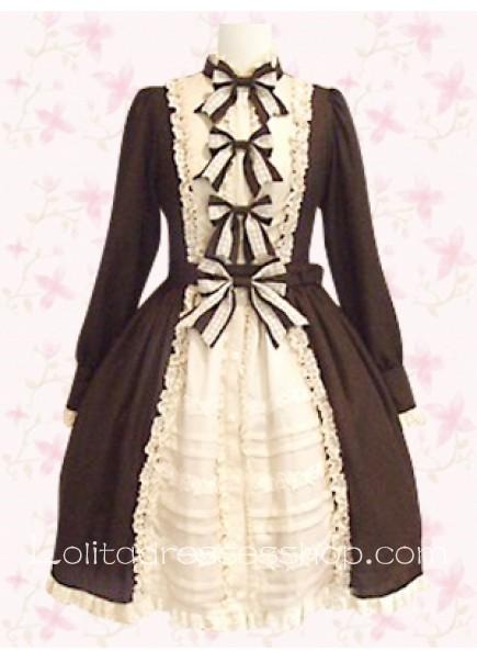 Punk Style Coffee Front Bows Long Sleeves Cotton Lolita Dress