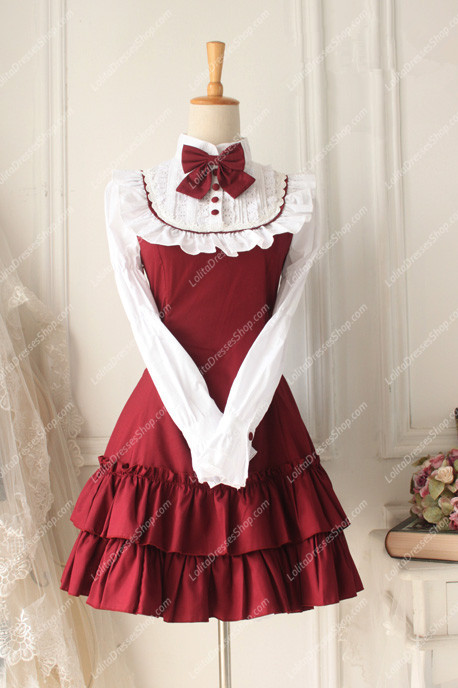 Red - White Doll Collar Long Sleeves Flouncing Classic Lolita Dress