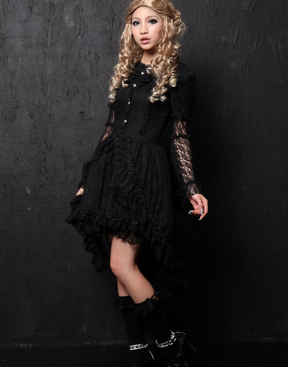 Round Neckline multi-layered bell Sleeve asymmetric lace gothic