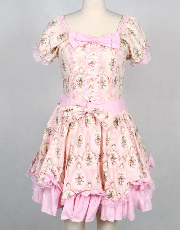 Short Pink Cotton Square-collar Short Sleeve Floral Sweet Lolita Dress