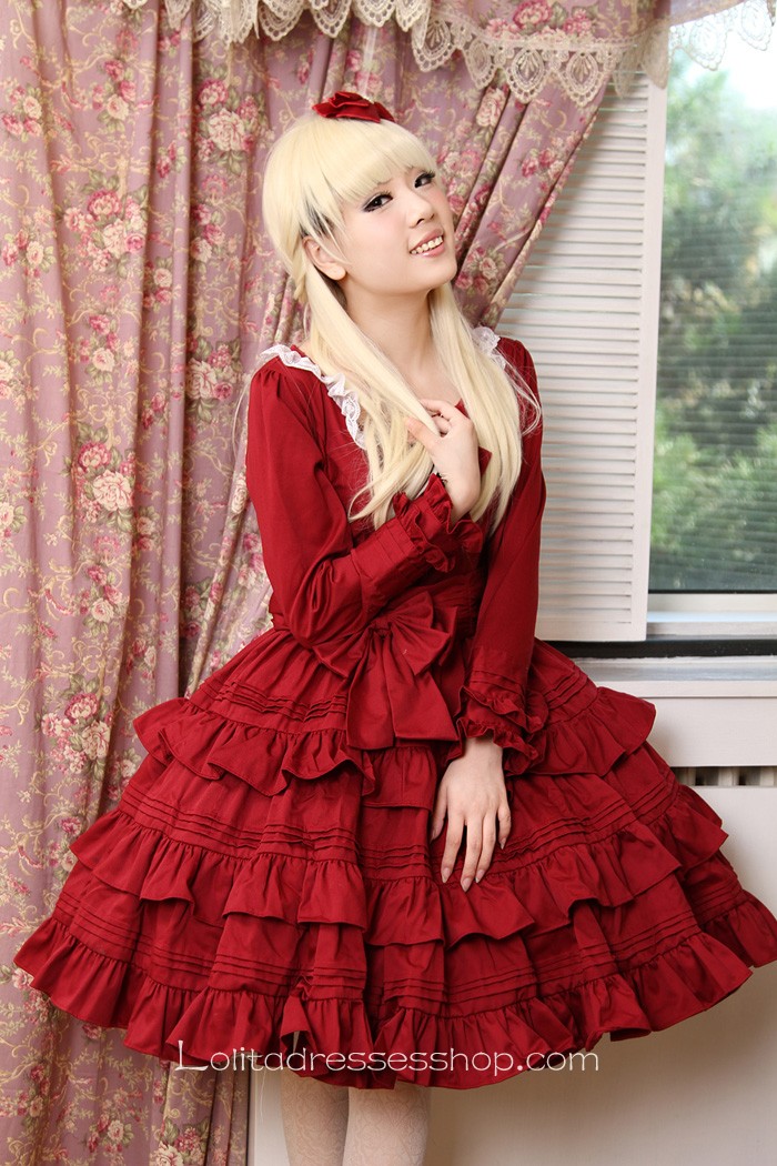 sleeve Wine Red Flounced Classic Lolita Dress