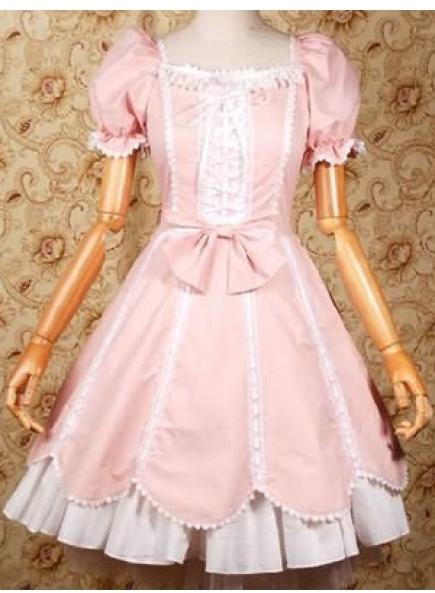 Square Short Sleeves Knee-length Lace Vertical Pleats Lolita Dress