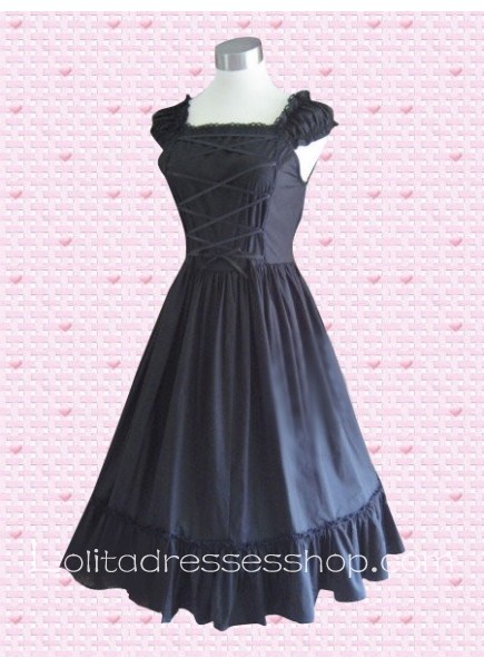 Tea-length Black Cotton Square Empire Classic Lolita Dress