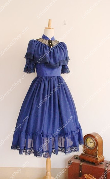 Vintage Palace Blue Lace Long Doll Collar Short Sleeves Fashion dress
