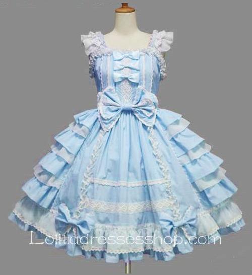 White Lace Square Neck Cap Sleeve knee-length Ruffles Bow Sweet Dress