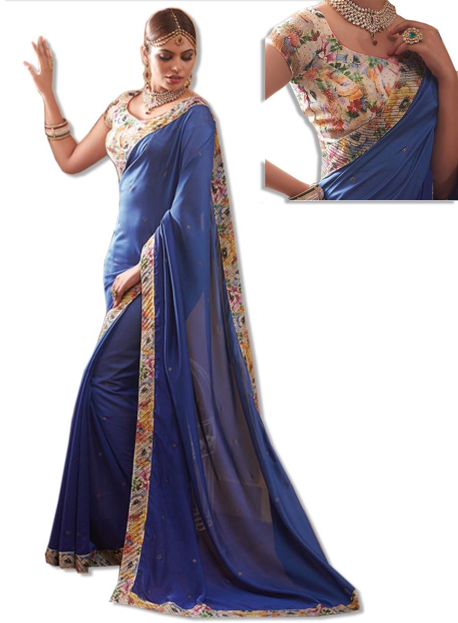 Blue Georgette Embroidered Sari