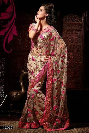 Beige Saree with Pink Embroidery