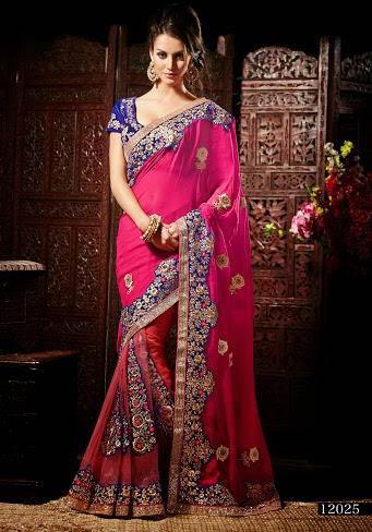 Pink and Blue Wedding Saree