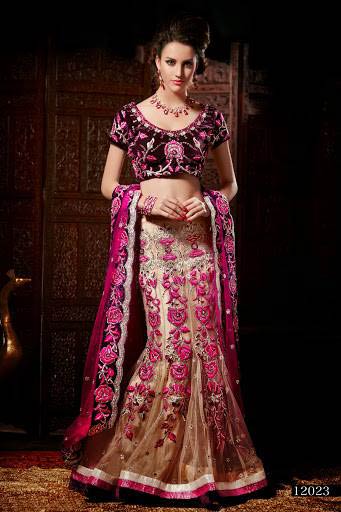 Pink Wedding Saree with Dark Purple Blouse